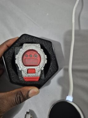 Casio Silver Crystal Digital Watch with Red Face and Strap